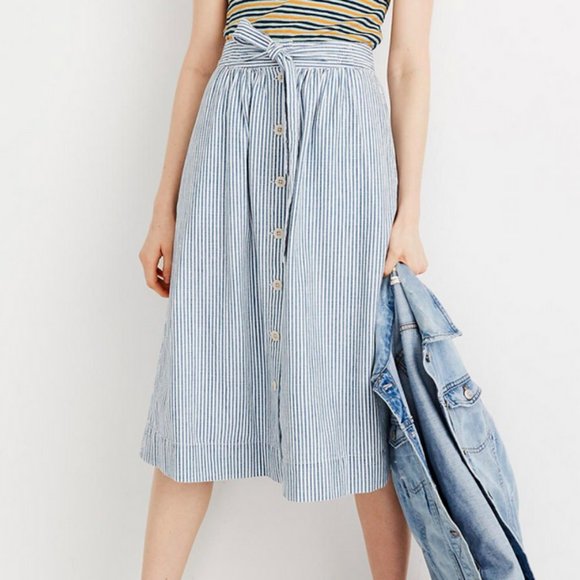 MADEWELL PILAR STRIPED TIE PALISADE BUTTON FRONT MIDI SKIRT - Picture 1 of 9